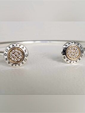 Pandora Two-Tone Silver and Gold Pave Open Cuff Bracelet